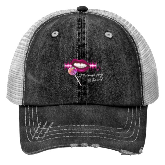 Discover Let The Music Play Til The End Pink Lips Mirrorball Lollipop Microphone Trustfall Design Option Trucker Hats