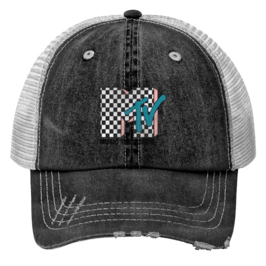 Discover MTVss Checkered Logo Pink Shadow Turquoisess TV Graphic Trucker Hats