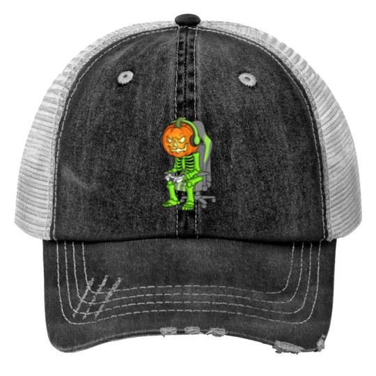Discover Gaming Halloween Skeleton Jack O Lantern Gamer Boy Trucker Hats
