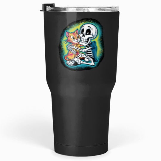 Discover HALLUAN-skeleton hugging cat hoddie design digital art Tumblers 30 oz