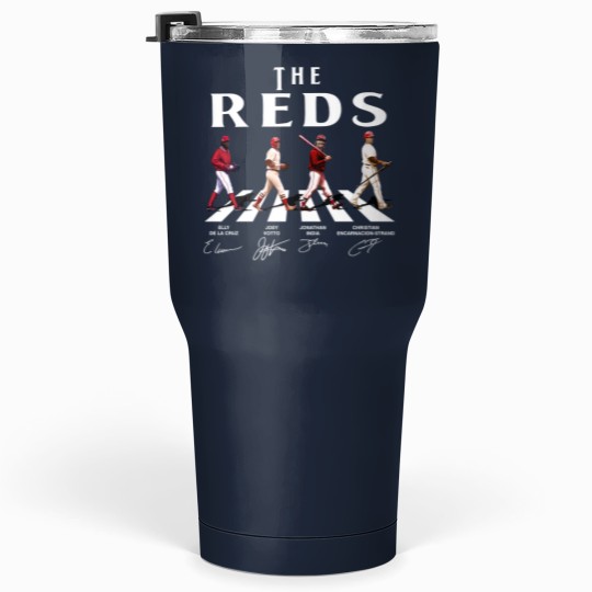 Discover Reds Walking Abbey Road Signatures Baseball Tumblers 30 Oz, Elly De La Cruz, Votto, Jonathan India