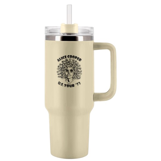 Discover Alice Cooper Men's Tumblers 40 Oz With Handle, Medusa USA Tour 1973 Cover White Graphic Tumblers 40 Oz With Handle