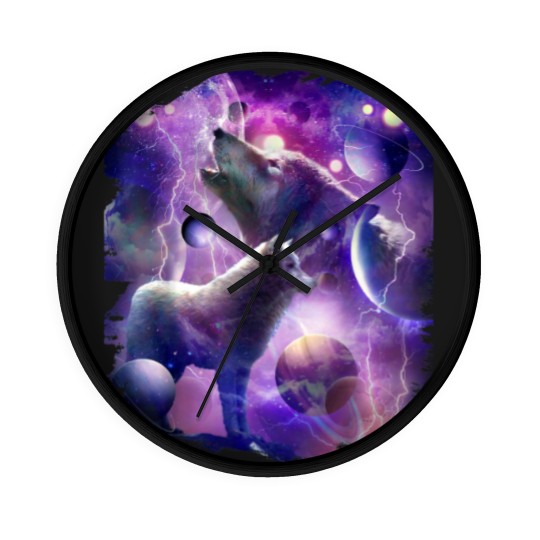 Discover Cosmic Wolf Howling At Moon In SpaceT Wall Clocks