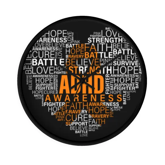 Discover ADHD awareness words cloud heart support proud ADHD warrior Wall Clocks