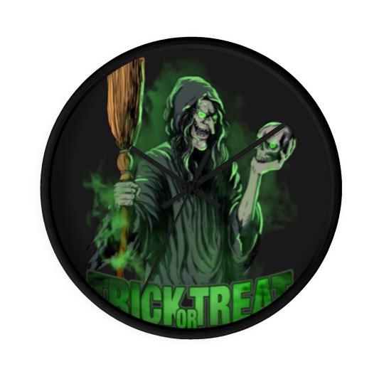 Discover Scary evil Witch with Skull and Broom Halloween Wall Clocks