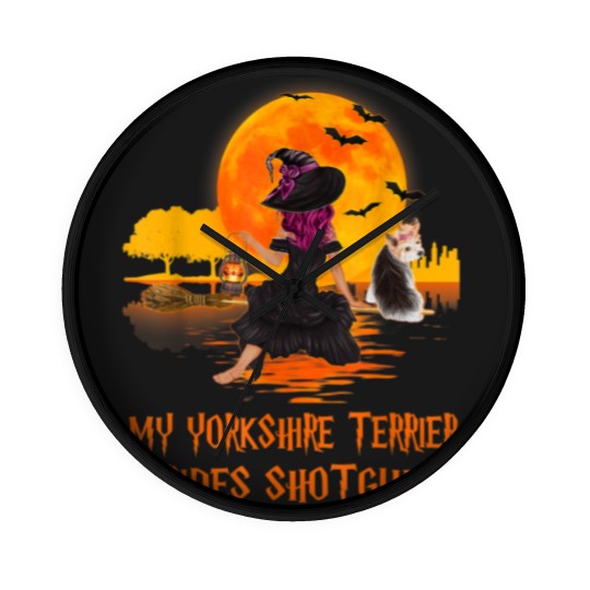 Discover My Yorkshire Terrier Rides Shotgun Dog and Witch Halloween Wall Clocks