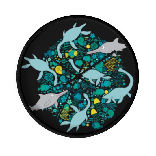 Discover Swimming with Plesiosaurs - cute prehistoric animal design - Swimming - Wall Clocks