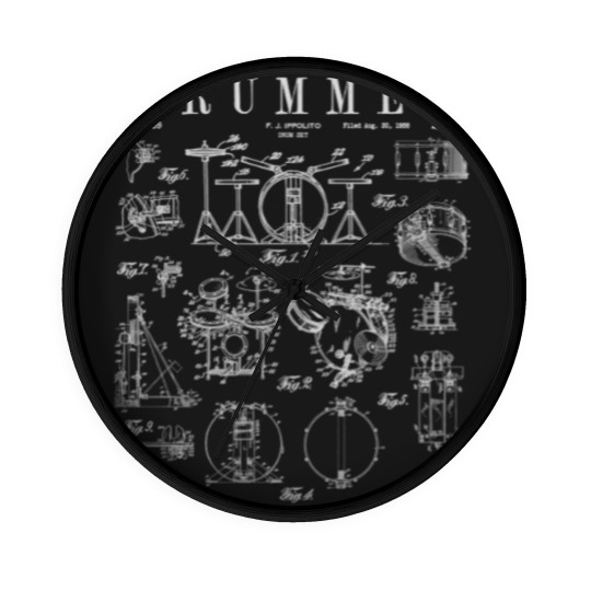 Discover Drum Set Kit Vintage Patent Drummer Drawing Print WHITE - Drummer - Wall Clocks