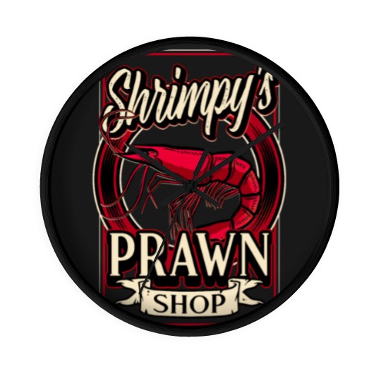 Discover Shrimpy's Prawn Shop Logo. Pawn Shop Prawn Pun Wall Clocks