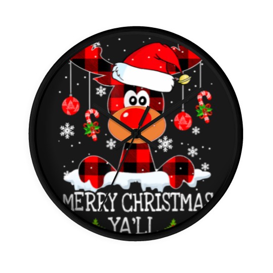 Discover Merry Christmas Ya'll Reindeer Santa Hat Buffalo Red Plaid Wall Clocks
