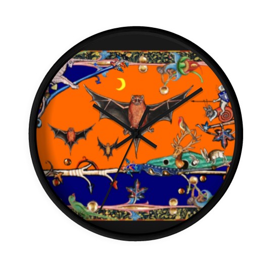 Discover WEIRD MEDIEVAL BESTIARY,FLYING BATS IN NIGHT BLUE Wall Clocks