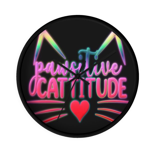 Discover Funny Cat Kitten Pun PAWSITIVE CATITUDE Wall Clocks