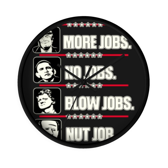 Discover Trump More Jobs, Obama No Jobs, Clinton Blow Jobs, Biden Nut Job Wall Clocks