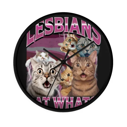 Discover Lesbians Eat What?! Funny Offensive Cat Bootleg Wall Clocks - Unhinged Wall Clocks