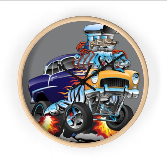 Discover Classic Fifties Hot Rod Muscle Car Cartoon - Car - Wall Clocks