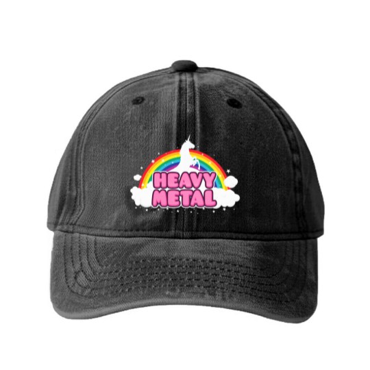 Discover HEAVY METAL! (Funny Unicorn / Rainbow Mosh Parody Washed Denim Baseball Caps