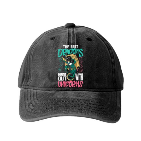 Discover The Best Dragons Hang Out With Unicorns Gift For A Washed Denim Baseball Caps