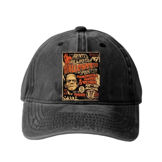 Discover Frankenstein and Wolfman Vintage Retro Halloween , 80's Horror Washed Denim Baseball Caps