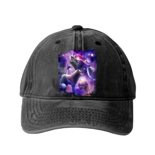 Discover Cosmic Wolf Howling At Moon In SpaceT Washed Denim Baseball Caps