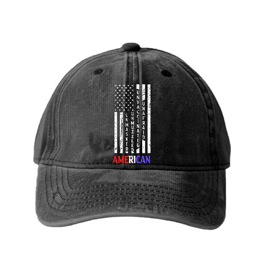 Discover Unmasked Unmuzzled Unvaccinated Unafraid American Flag Fan Washed Denim Baseball Caps