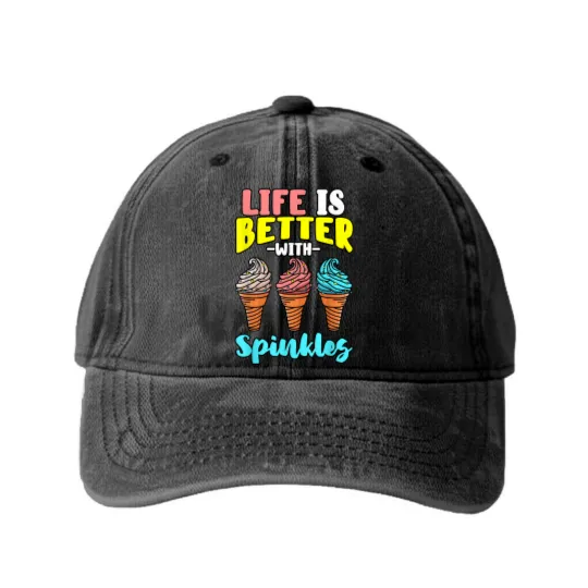 Discover Life is Better With Sprinkles Sweet Confectionery Ice Cream Washed Denim Baseball Caps