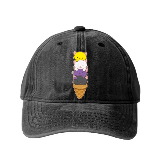 Discover Nonbinary Pride Flag Washed Denim Baseball Caps Non-binary Pride Flag Kawaii Cat Ice Cream Cone Nonbinary