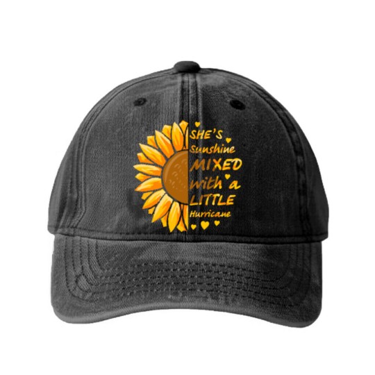 Discover She's Sunshine Mixed With A Littles Hurricane Sunflower Washed Denim Baseball Caps