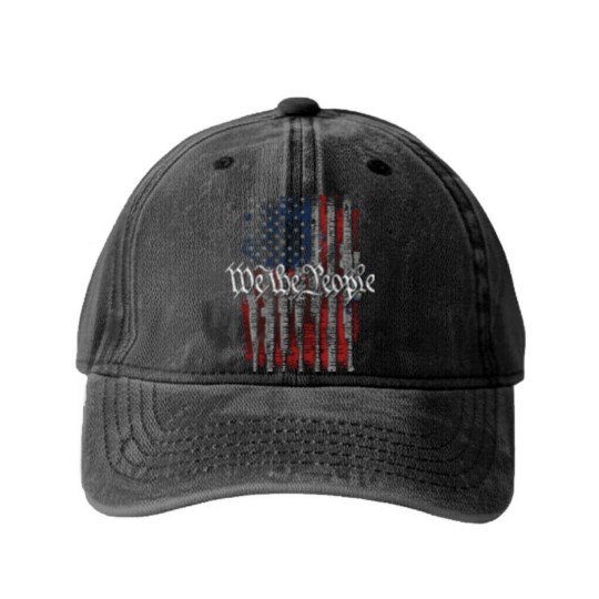 Discover Defending Freedom Collection We The People American Flag Short Sleeve Washed Denim Baseball Caps-Black-XL