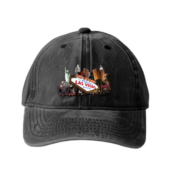 Discover Las Vegas Famous Sign Strip Building Skyline Souvenir Gift Washed Denim Baseball Caps