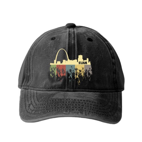 Discover Retro St Louis Washed Denim Baseball Caps Vintage 70s 80s City Silhouette Washed Denim Baseball Caps