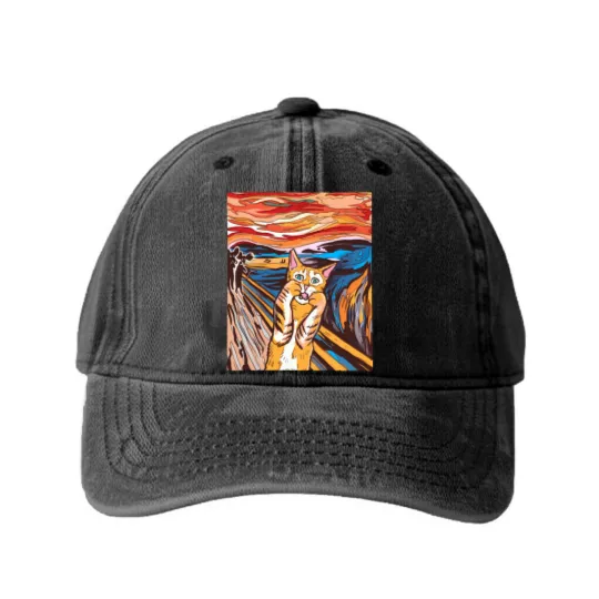 Discover Scream Washed Denim Baseball Caps Funny Tabby Cat Scream Edvard Munch's Painting The Scream