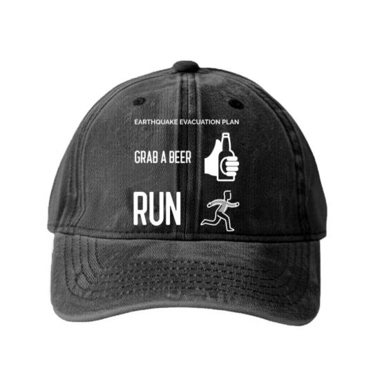 Discover Earthquake Evacuation Plan - Grab A Beer - Run Washed Denim Baseball Caps