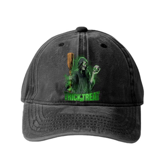 Discover Scary evil Witch with Skull and Broom Halloween Washed Denim Baseball Caps