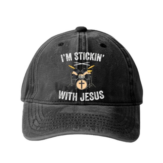 Discover I'M Stickin With Jesus Christian Drummer Drum Stic Washed Denim Baseball Caps