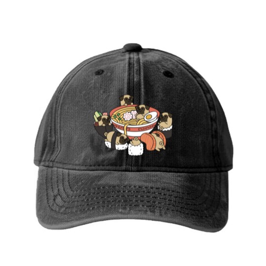 Discover Pug Ramen Sushi - Pug - Washed Denim Baseball Caps