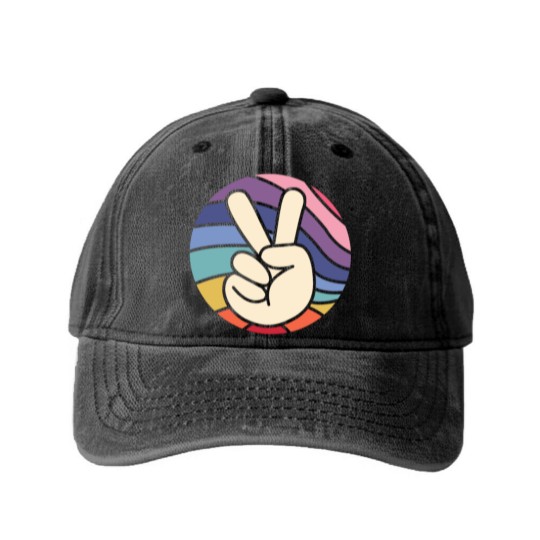 Discover Groovy Peace Sign Hand Hippie Vintage 70s Gift Washed Denim Baseball Caps