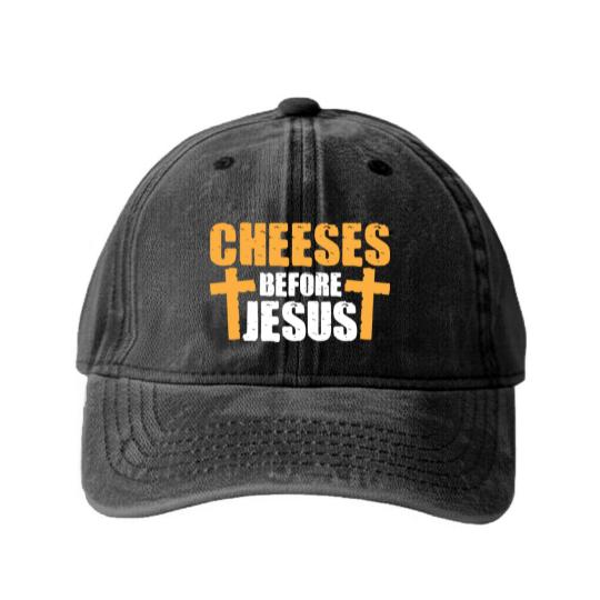 Discover Cheeses Before Jesus Joke Pun Cheese - Cheese - Washed Denim Baseball Caps