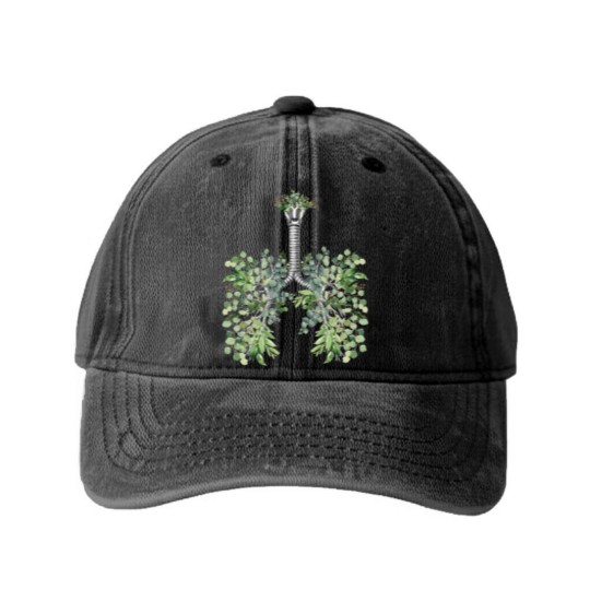 Discover Lung Anatomy, green leaves, Cancer Awareness - Lungs - Washed Denim Baseball Caps