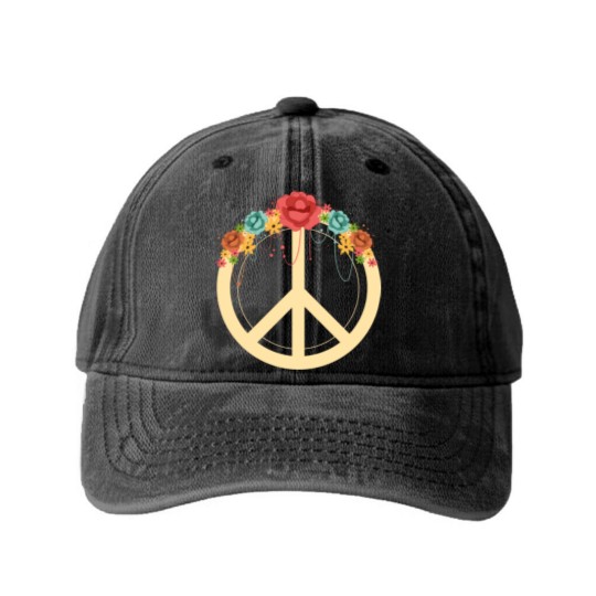 Discover Floral Peace Symbol Hippie Lover Peace Sign Washed Denim Baseball Caps