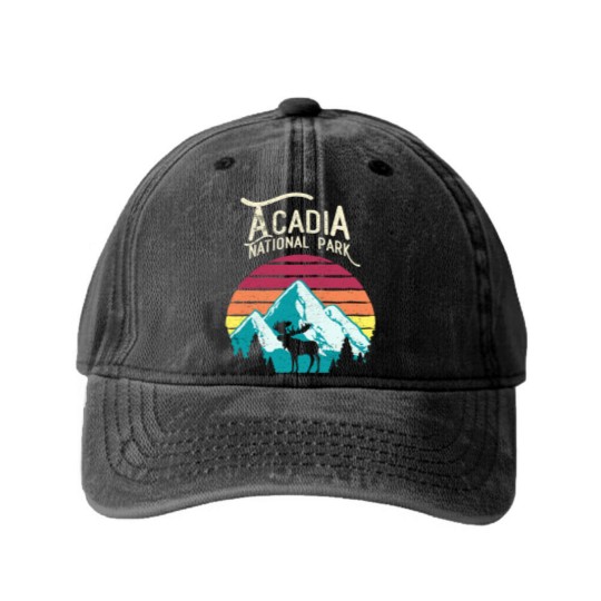 Discover Vintage Acadia National Park Maine Mountains Moose Washed Denim Baseball Caps