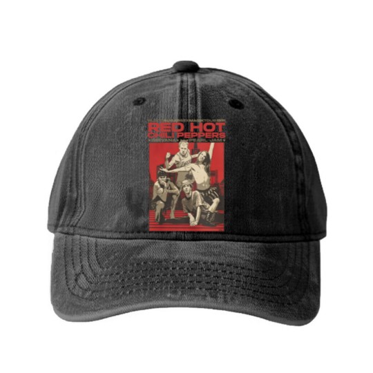 Discover Vintage Retro Red Hot Chili Peppers Concert Graphic Washed Denim Baseball Caps, Red Hot Chili Peppers Washed Denim Baseball Caps