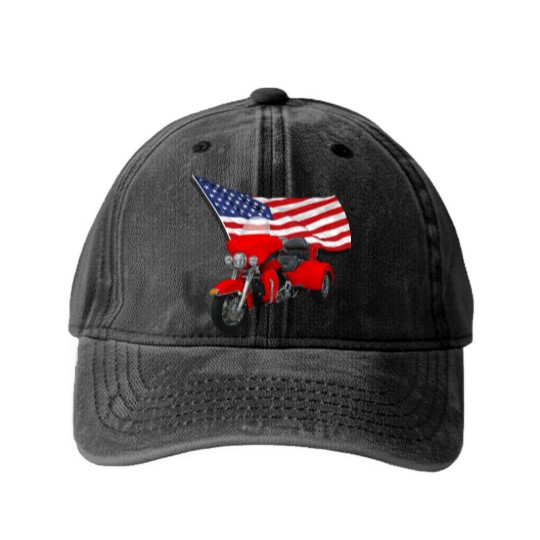 Discover Trike with Flag Washed Denim Baseball Caps