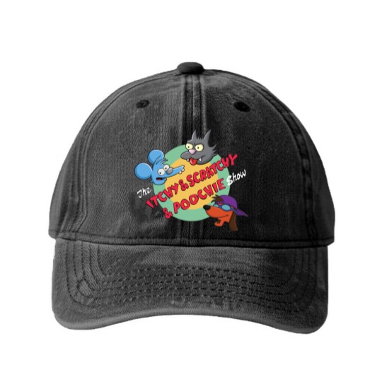 Discover The Itchy Scratchy Poochie Show Washed Denim Baseball Caps