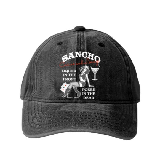 Discover Sancho casino and lounge Liquor in the front Washed Denim Baseball Caps