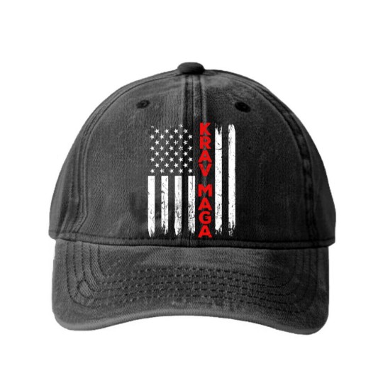Discover Krav Maga Self Defense USA American Flag Fighter Washed Denim Baseball Caps
