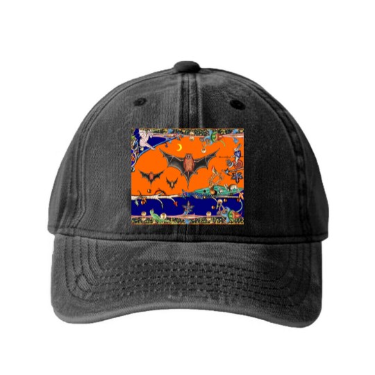 Discover WEIRD MEDIEVAL BESTIARY,FLYING BATS IN NIGHT BLUE Washed Denim Baseball Caps