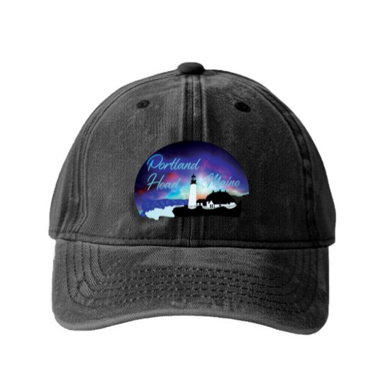 Discover Portland Head Lighthouse, Maine, Souvenir, Gift, Washed Denim Baseball Caps
