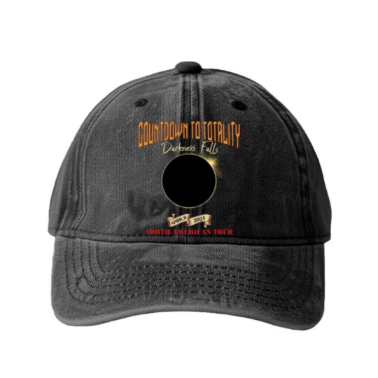 Discover Total Solar Eclipse Washed Denim Baseball Caps April 8th 2024, Rock Concert Tour Washed Denim Baseball Caps with Path of Totality Cities