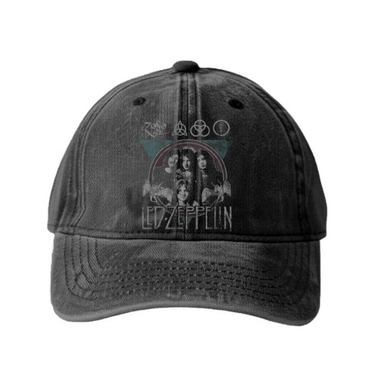 Discover LE.D ZE.PP.ELIN Rock n' Roll Washed Denim Baseball Caps, Rock n' Roll Washed Denim Baseball Caps, Old School Rock Washed Denim Baseball Caps