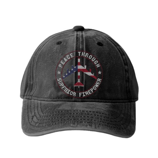 Discover Peace Through Superior Firepower B-52 Stratofortress Design | Classic Washed Denim Baseball Caps